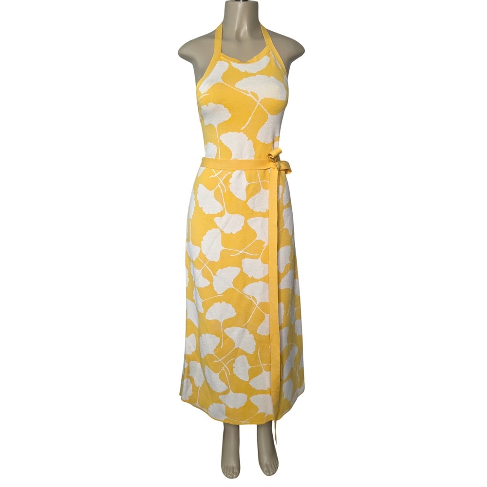 Diane von Furstenberg Dress Women 1X Yellow Ginkgo Halter Knit Midi Belted NEW